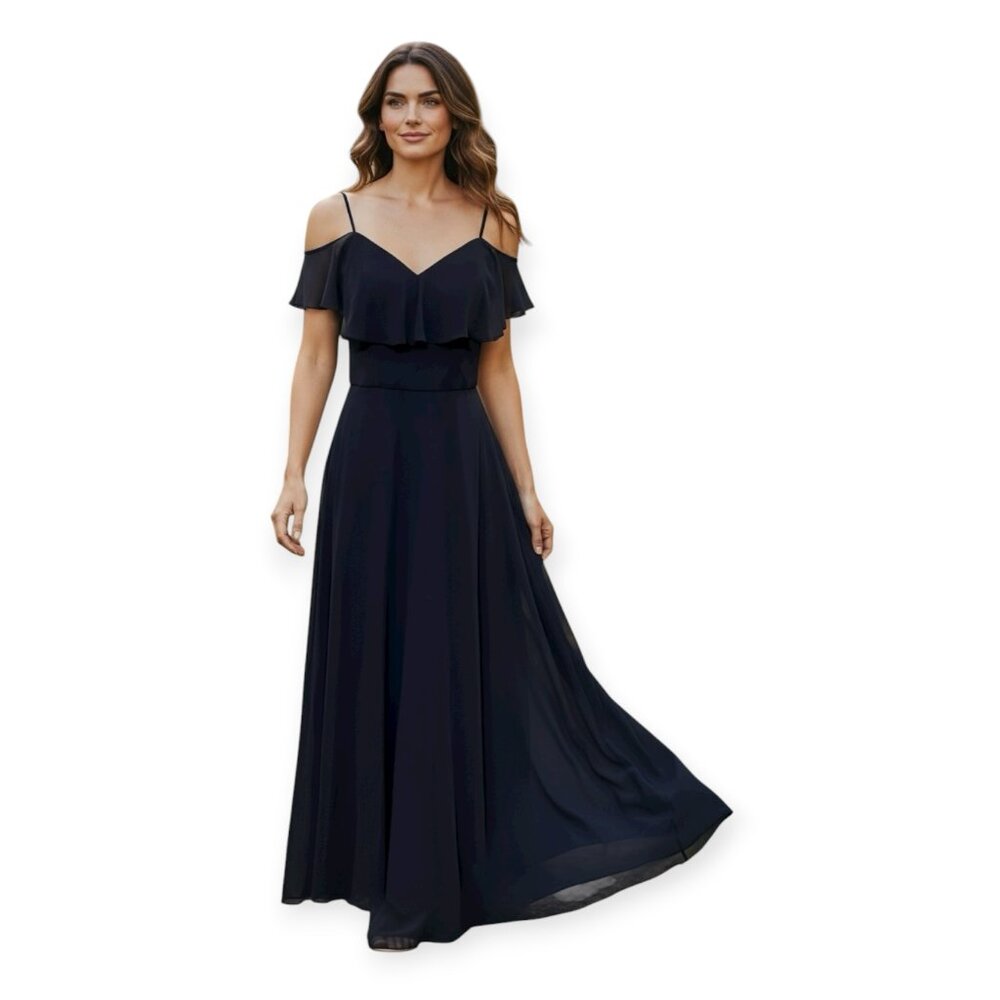 Morilee Madeline Gardner Navy Blue Chiffon Cold Shoulder Ruffle Long Formal Sz10
